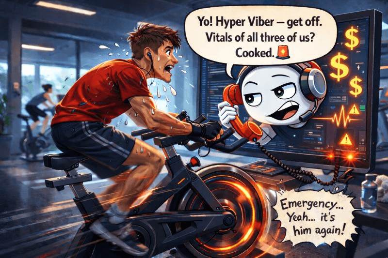 An exhausted developer pedals on a gym bike while an AI agent warns him to stop; a monitor shows dollar signs, warnings and spiking vitals.