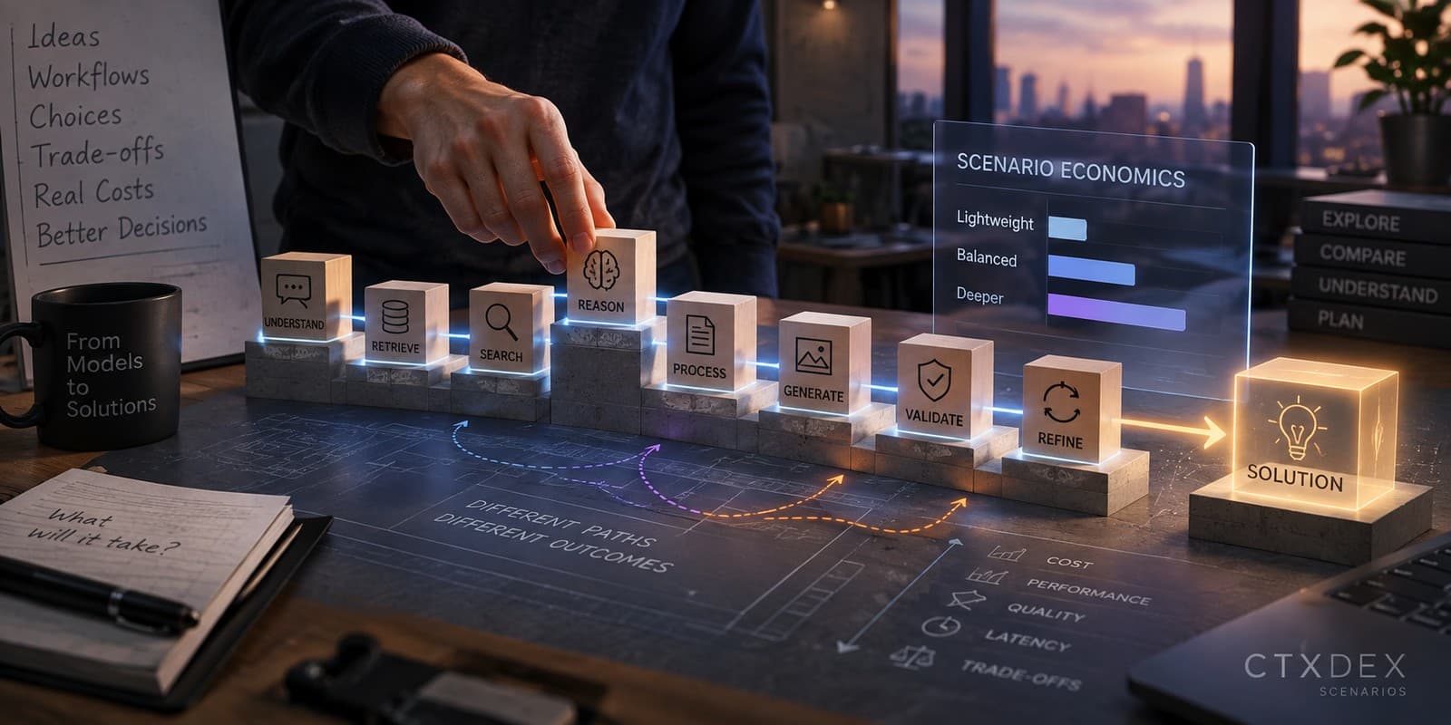 A conceptual scenario-economics scene showing AI workflow blocks flowing toward a solution outcome, with trade-offs and scenario economics visualized around the path.