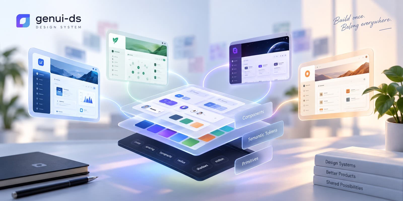 A conceptual design-system scene showing a shared token and component foundation feeding several differently themed product interfaces.