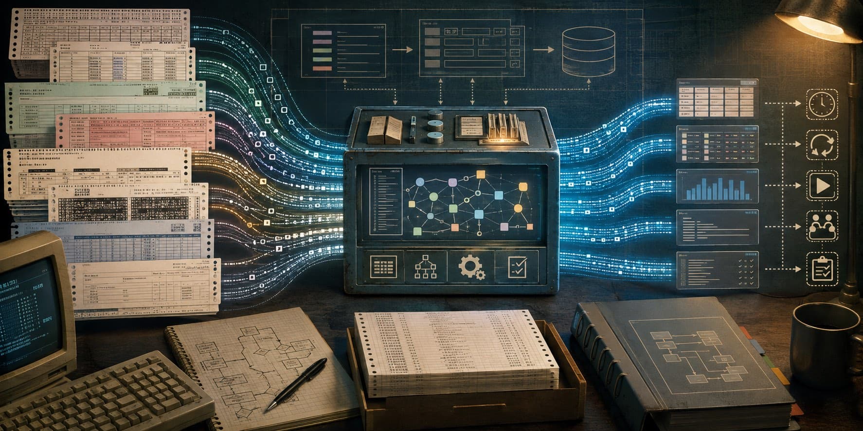 A retro systems-workbench illustration showing many structured record formats flowing through one metadata-driven processing framework into common operational controls.