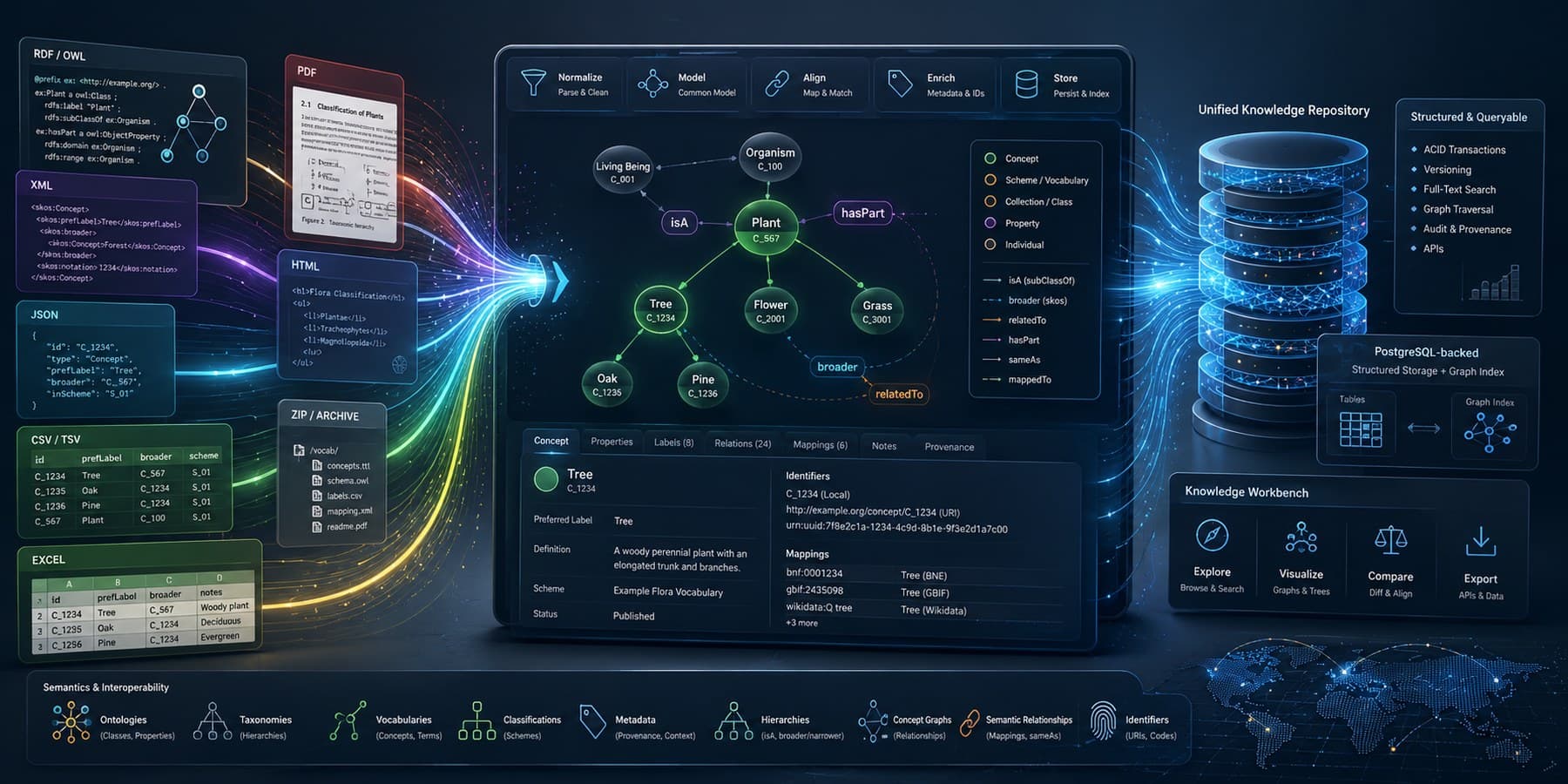 A semantic knowledge workbench receiving multiple ontology and vocabulary formats and turning them into structured queryable data.