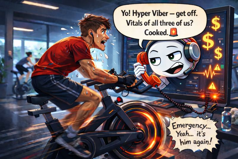 An exhausted developer pedals on a gym bike while an AI agent warns him to stop; a monitor shows dollar signs, warnings and spiking vitals.