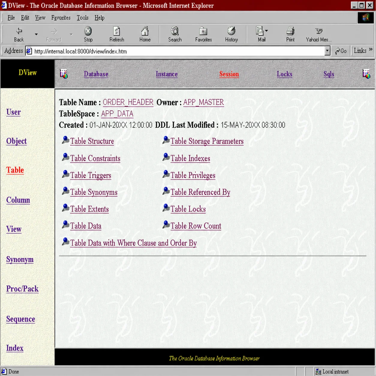 DView table browser showing object details and navigation through database metadata