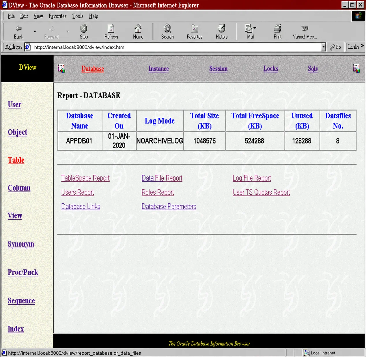 DView database report showing database and system information with links to administrative reports