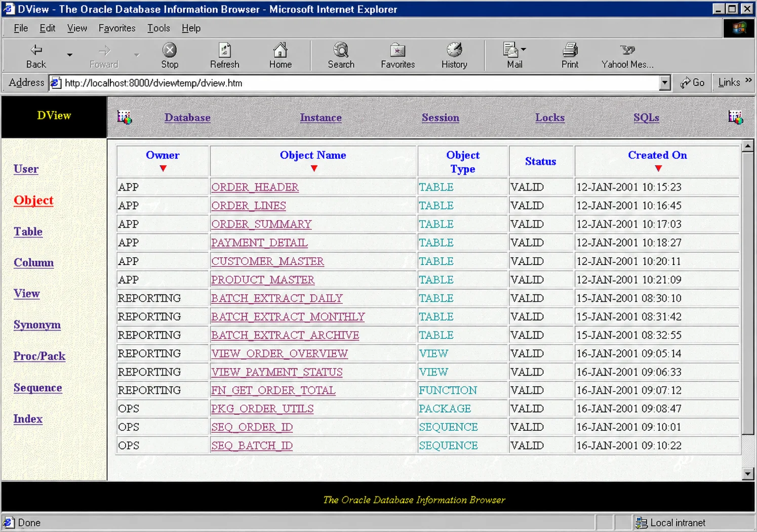 DView object browser listing generic database objects, types and status