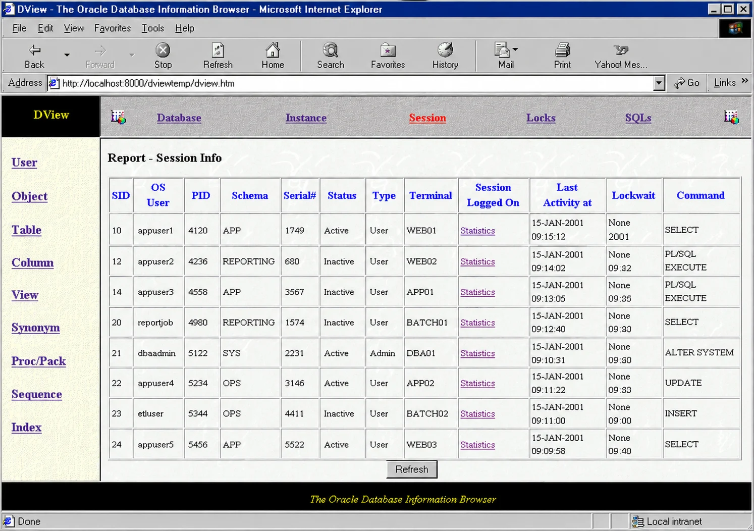 DView session report with generic users, schemas, terminals and database session information